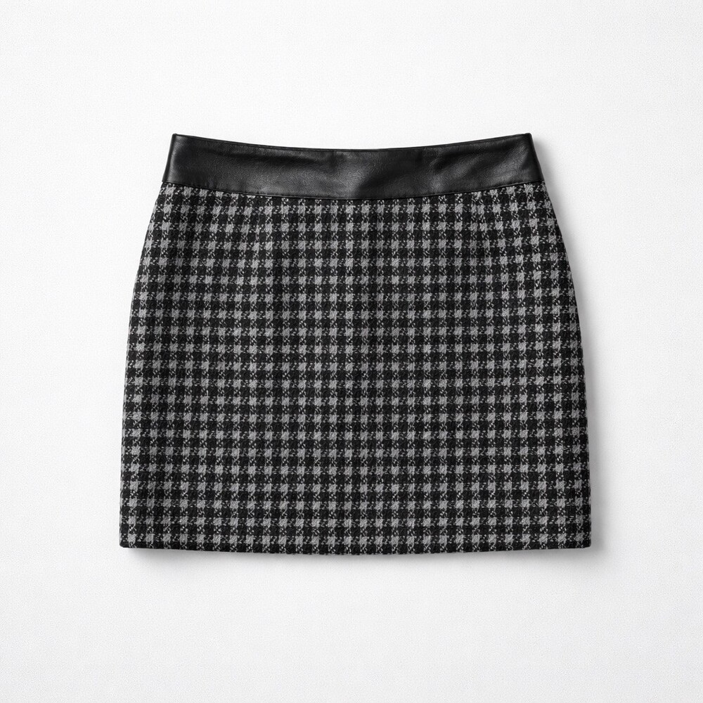$265 The Kooples Skirt Womens Size 6 Black White Check Tweed Mini Leather - Picture 3 of 7